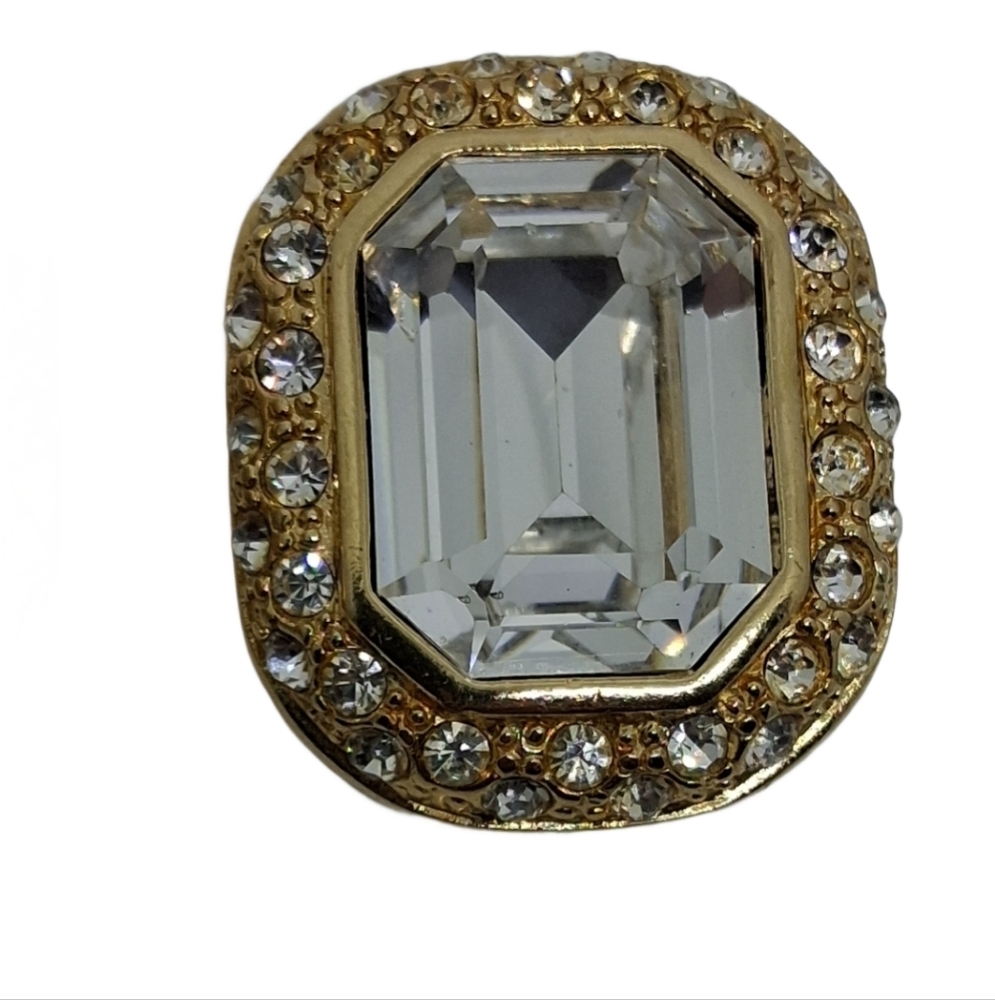 VINTAGE LARGE GOLD & WHITE GLASS RHINESTONE STATEMENT CLIP ON EARRINGS - Picture 4 of 6